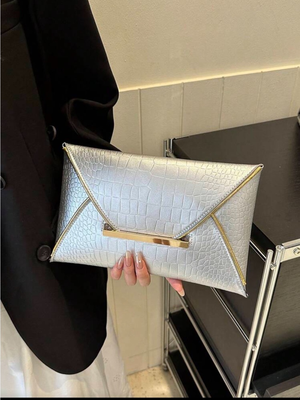 Silver Croc-Embossed Envelope Clutch Bag